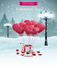 Beautiful Valentines day card width street lights heart shape balloons rose petals candy and a present, winter background.
