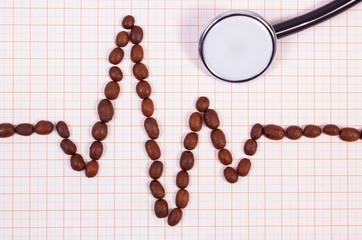 Cardiogram line of coffee grains and stethoscope, medicine and healthcare concept
