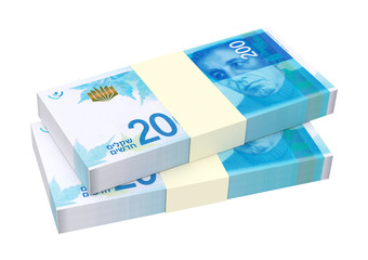 Israeli Shekel bills isolated on white background. Computer generated 3D photo rendering. - 100608807