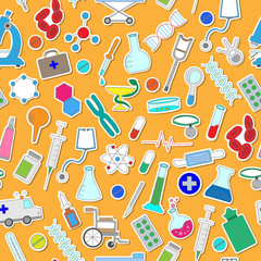 Seamless pattern with hand drawn icons on a theme medicine and health, the colored stickers on an orange background