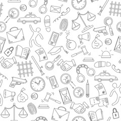Seamless pattern with hand drawn icons on the theme of law and crimes, black contour on white background