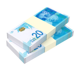 Israeli Shekel bills isolated on white background. Computer generated 3D photo rendering.