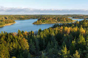 Fototapeta na wymiar Autumn day, forest and lake, view from the top, Finland, Aland Islands