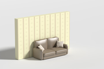 Three-dimensional sofa with pillows against of wall