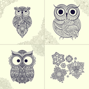Vector illustration of ornamental owl. Bird illustrated in tribal. Set of ornamental owls with flowers and pattern from owls.