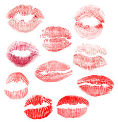 set of  ten red lips imprint isolated on white