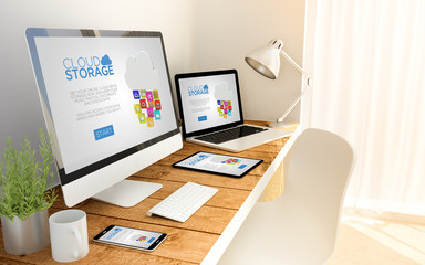 Naklejka premium cloud storage in laptop, computer, tablet and smart phone