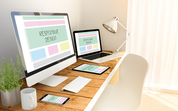 responsive web design concept in laptop, computer, tablet and sm