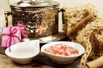 spa concept with scrub and himalayan pink salt