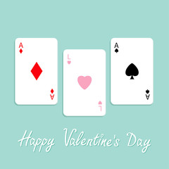 Happy Valentines Day. Love background. Poker playing card combination with ace of spade, diamond and heart sign Flat design