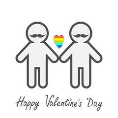 Happy Valentines Day. Love card. Gay marriage Pride symbol Two contour man with mustaches LGBT icon Rainbow heart Flat design