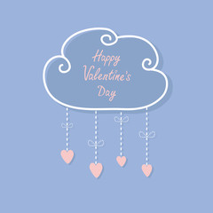 Happy Valentines Day. Love card. Cloud with hanging rain button drops, bow. Heart shape. Dash line Flat design Rose quartz serenity color background