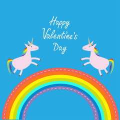 Happy Valentines Day. Love card. Rainbow in the sky. Two cute unicorns. Flat design