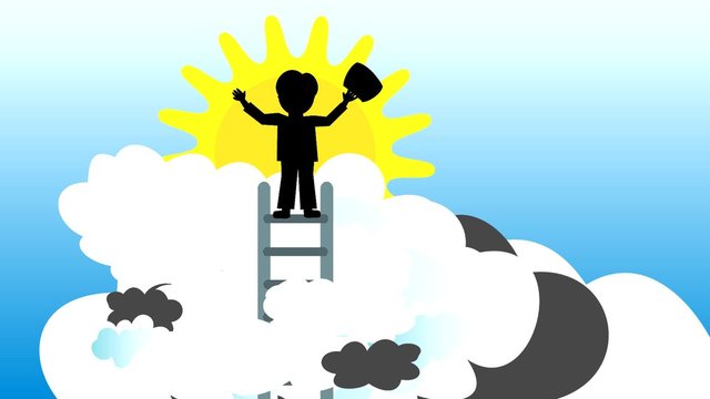 Silhouette of a businessman with a briefcase on a ladder above the clouds that fly down the concept of victory and freedom
