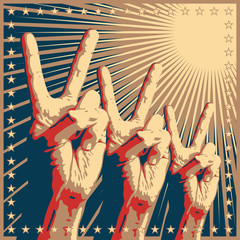 We are the champions - victory sign hands on sunshine background.