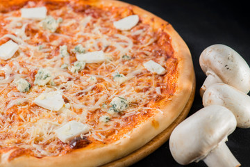 close-up of delicious pizza with different types of cheese on a