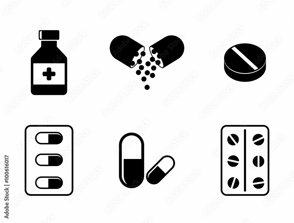 Wall mural medicine icons pills, capsules and prescription bottle. drugs vector illustration