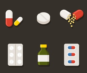 Medicine icons Pills, Capsules and Prescription Bottle. Drugs vector illustration.