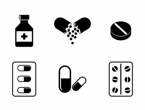 Medicine icons Pills, Capsules and Prescription Bottle. Drugs vector illustration