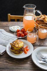 Potato pancakes with grapefruit juice for Breakfast