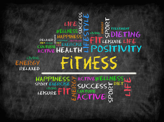 Fototapeta na wymiar Fitness word cloud, fitness, sport, health concept on chalkboar