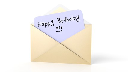 Open yellow envelope with Happy Birthday! note, isolated on white.