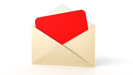 Open yellow envelope with red blank paper sheet, isolated on white.