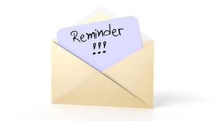 Open yellow envelope with Reminder note, isolated on white.