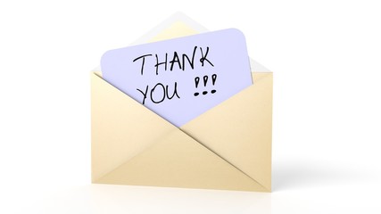Open yellow envelope with Thank you! note, isolated on white.