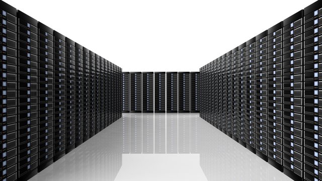 Network Servers Data Center Room, On White Background With Reflections.