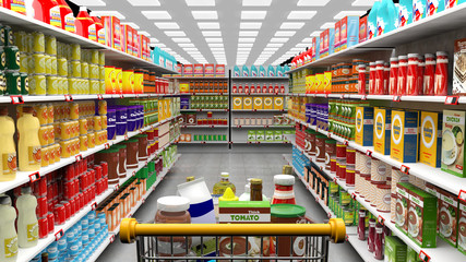 Supermarket interior, shelves with various products and full  trolley basket