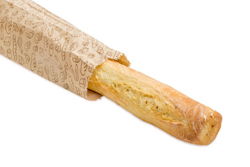 Fragment of a baguette in a paper bag