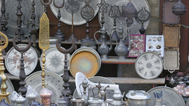 silver copper pots pans at shop, safranbolu, turkey