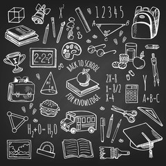 School tools sketch icons on chalkboard isolation vector set.