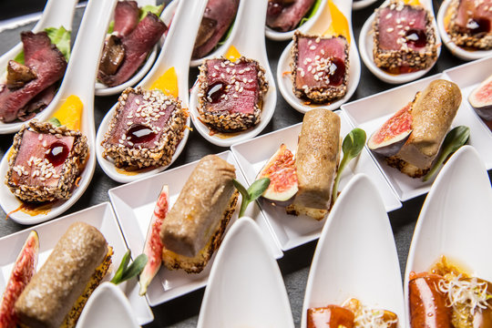 Gourmet appetizers: foie gras, venison, tuna and salmon.