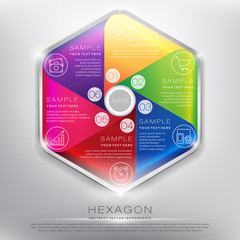 Abstract infographic hexagonal element. Colorful and glossy on white panel. Business strategy. 6 parts concept. Vector illustration. Eps10.