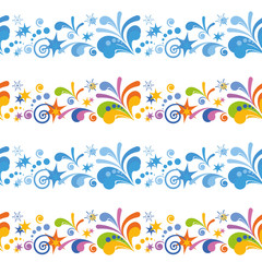 Fototapeta na wymiar Abstract Seamless Background with Symbolical Colorful and Blue Floral Patterns, Stars and Spirals on White
