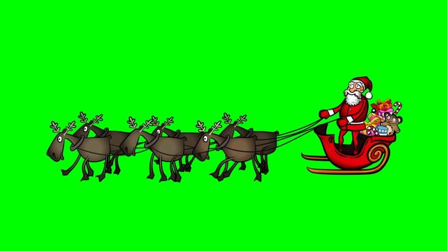 christmas cartoon santa claus sleigh with reindeer greenscreen 