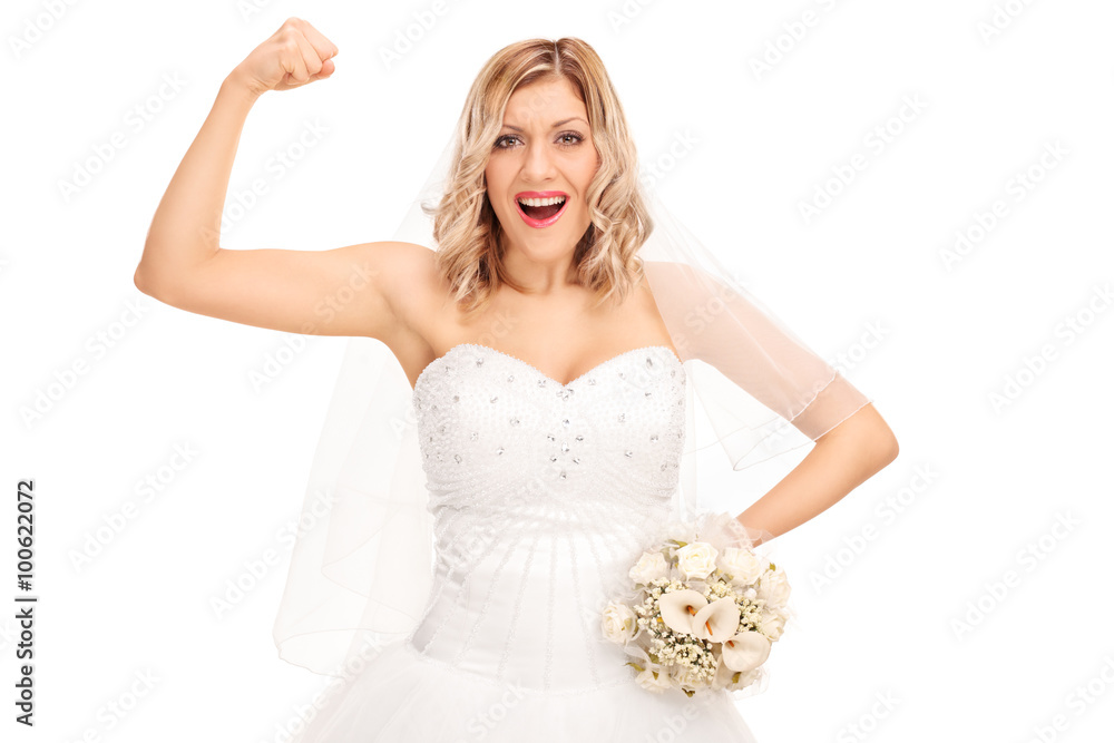 Poster young blond bride flexing her biceps