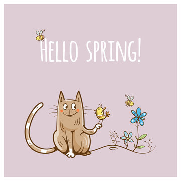 Vector spring card with cute cartoon cat,  bird and bees.