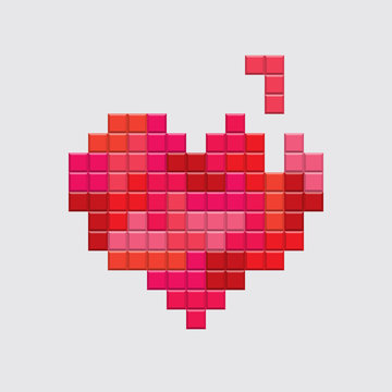 Valentines day card. Video game pixel red heart. Retro vintage design. Editable vector. 