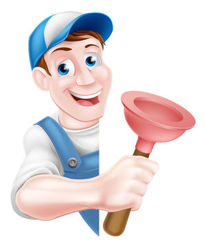 recommend clip art: Cartoon Plumber Holding Plunger