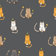 Vector seamless pattern with cute cartoon cats and birds on gray  background.