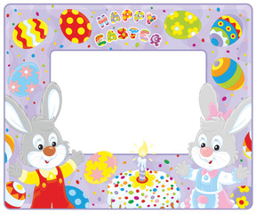 Horizontal vector frame border with Easter bunnies, a fancy cake and colorfully painted eggs
