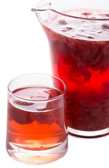 Red strawberry drink. Summer fruit compote on a white background
