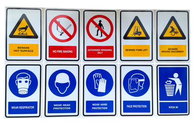 Signs with safety notices in factory