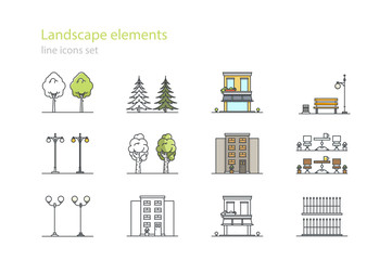 City design elements. Line art. Stock vector.