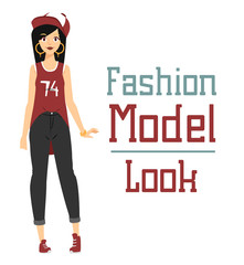 Beautiful vector cartoon fashion girl model constructor  look standing over white background