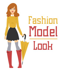 Beautiful vector cartoon fashion girl model constructor  look standing over white background