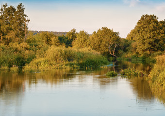  Beautiful morning on the river in the forest.